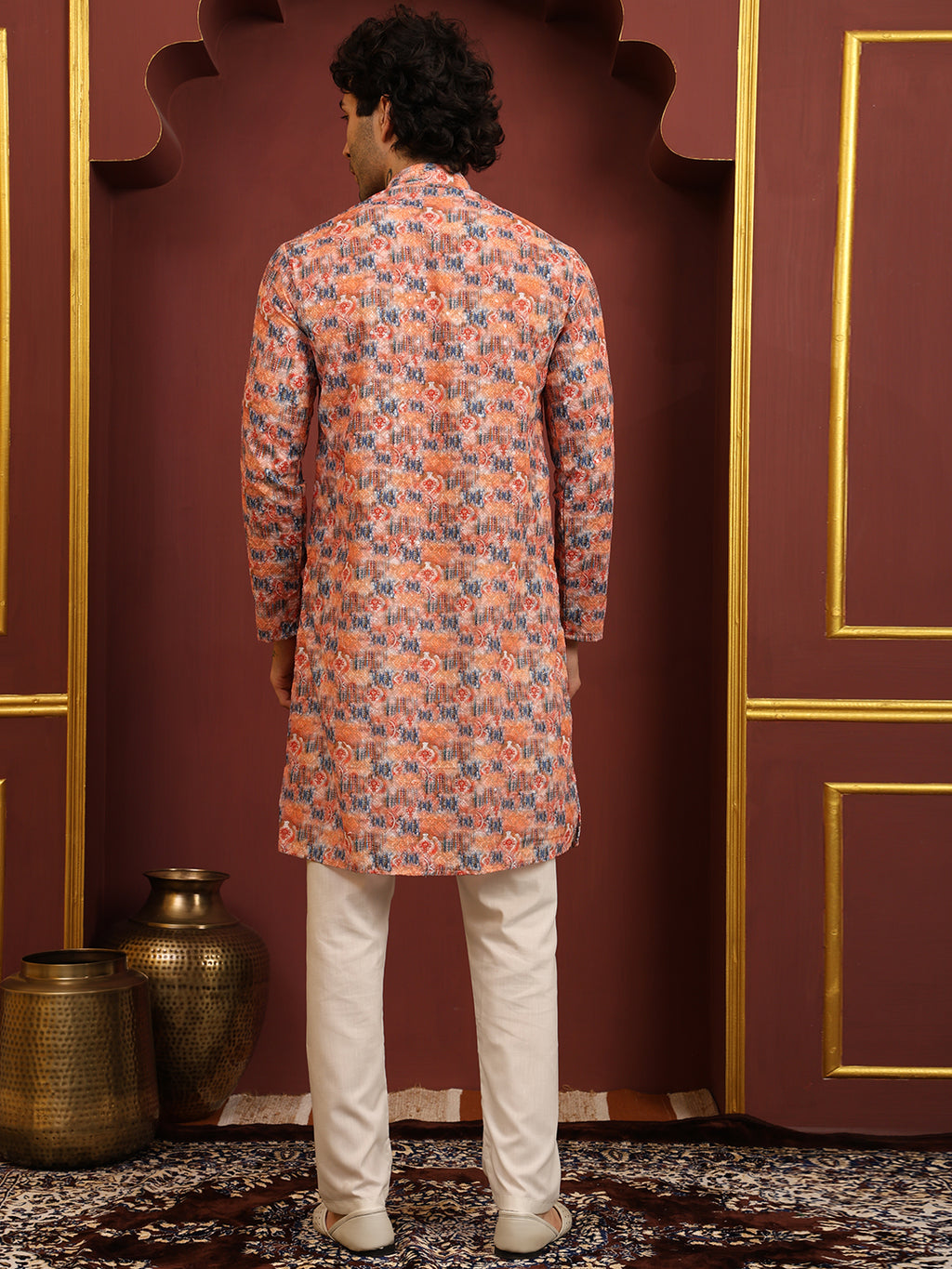 Printed Orange Sequence Men's Kurta Pajama Set