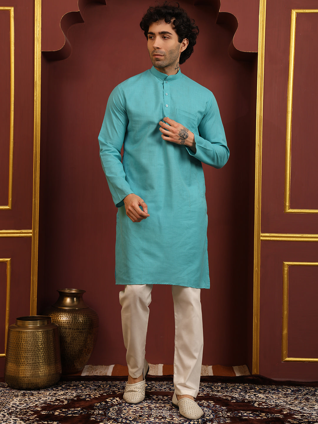 Aqua Green Men's Plain Kurta Pajama Set – Ruby Cotton Traditional Ethnic Wear