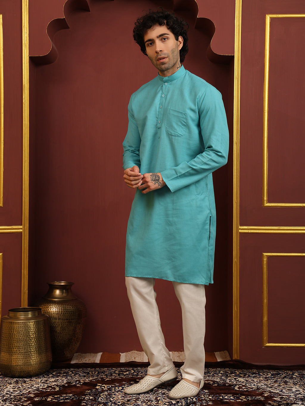 Aqua Green Men's Plain Kurta Pajama Set – Ruby Cotton Traditional Ethnic Wear