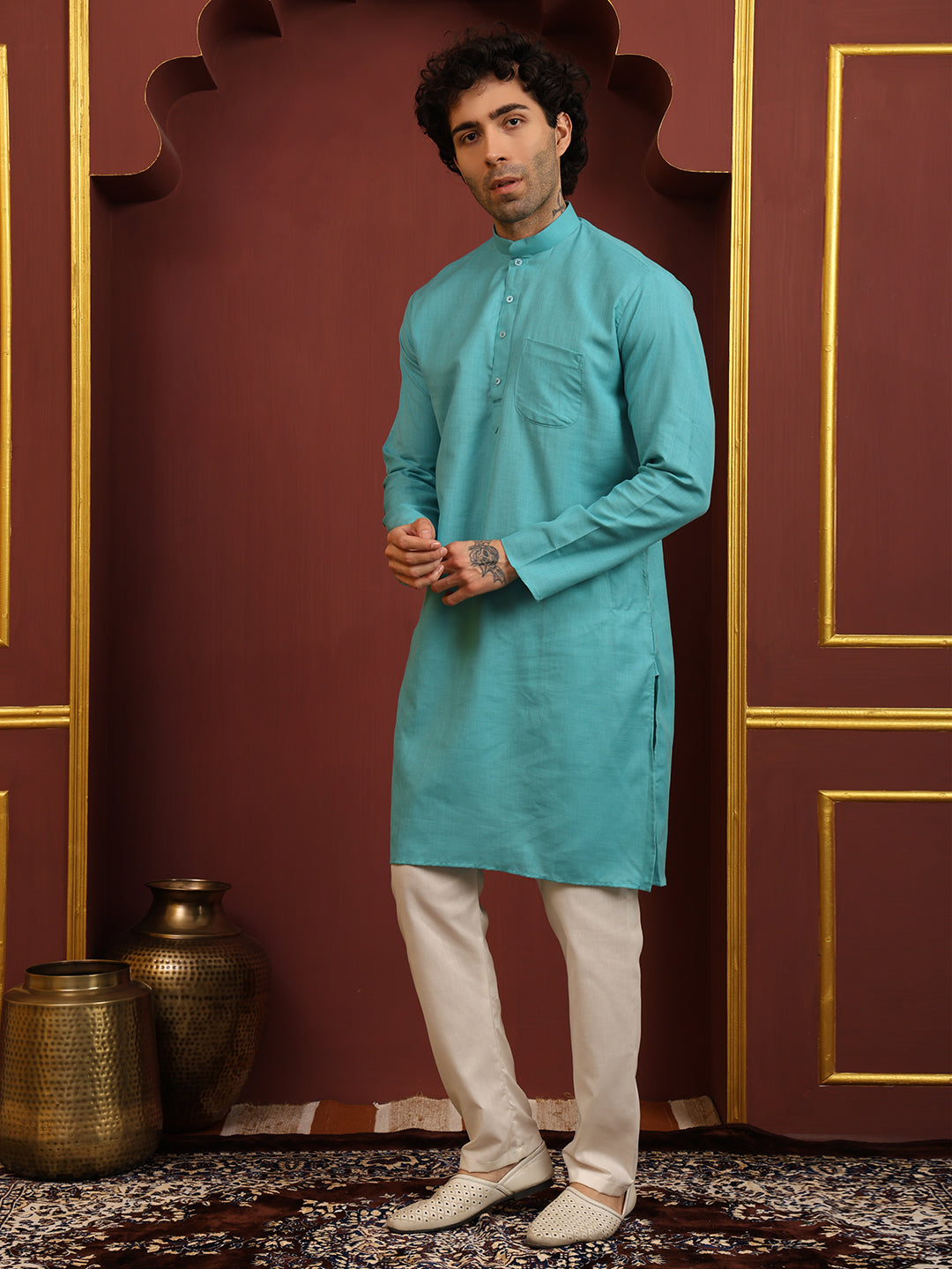 Aqua Green Men's Plain Kurta Pajama Set – Ruby Cotton Traditional Ethnic Wear
