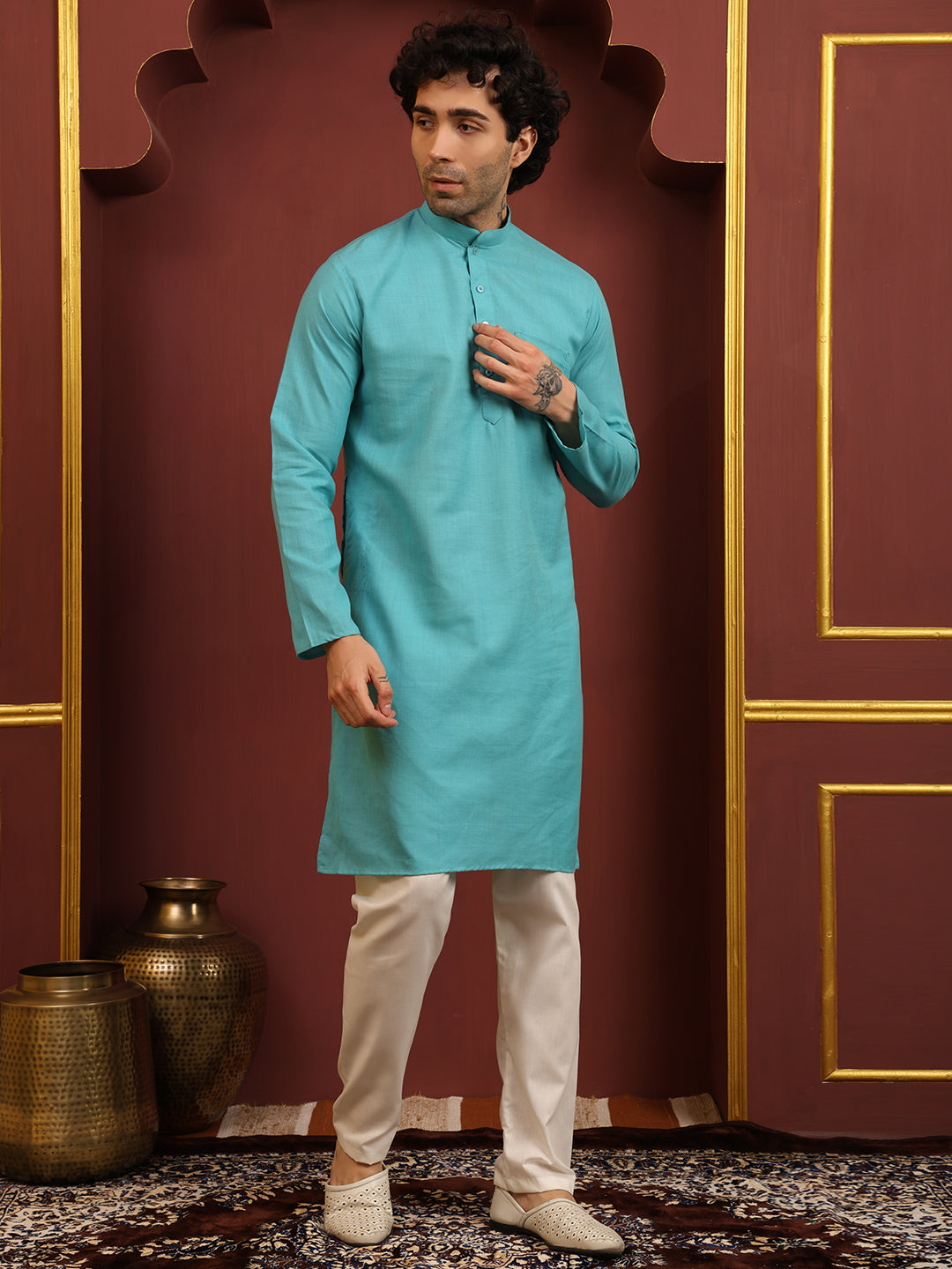 Aqua Green Men's Plain Kurta Pajama Set – Ruby Cotton Traditional Ethnic Wear