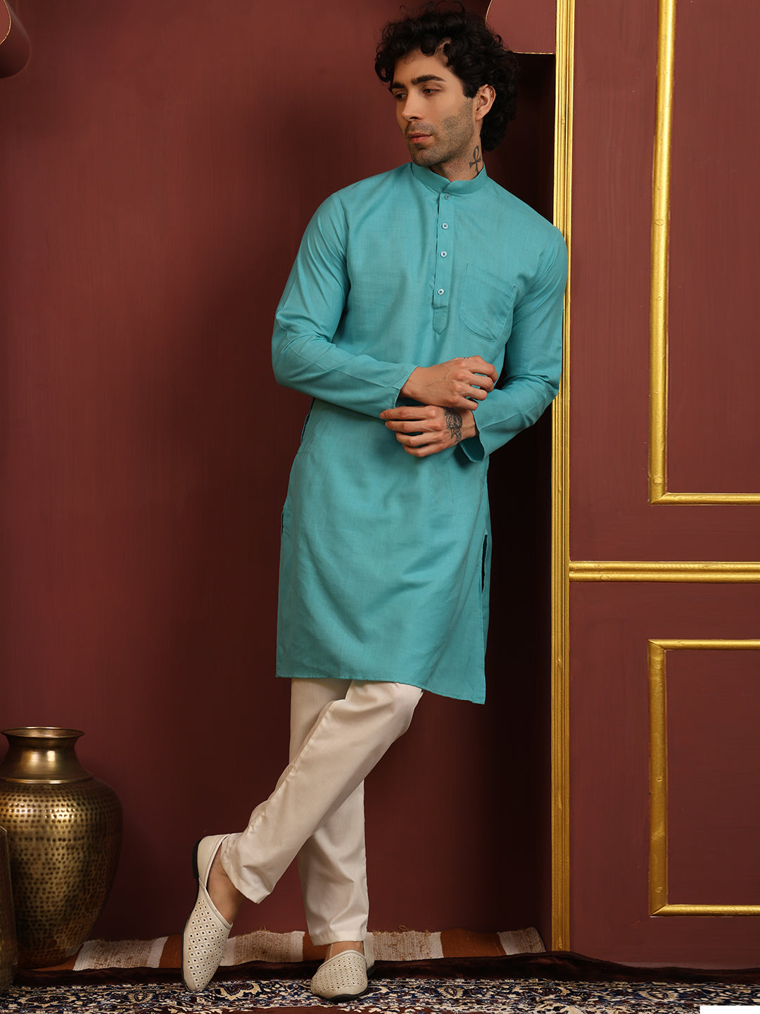 Aqua Green Men's Plain Kurta Pajama Set – Ruby Cotton Traditional Ethnic Wear