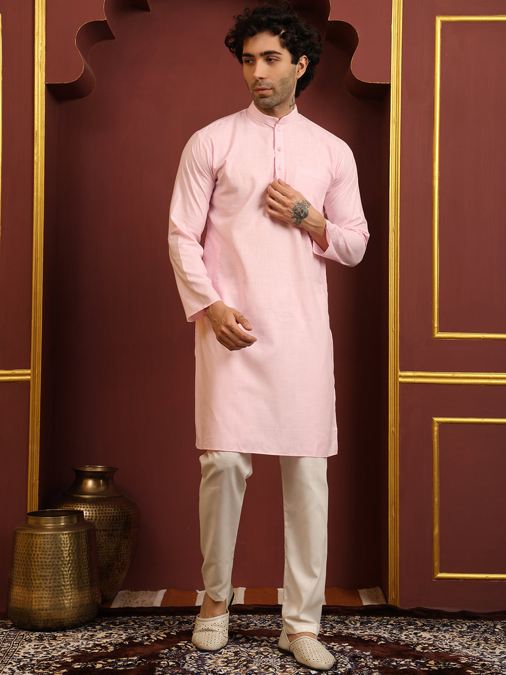 Light Pink Men's Plain Kurta Pajama Set – Ruby Cotton Traditional Ethnic Wear