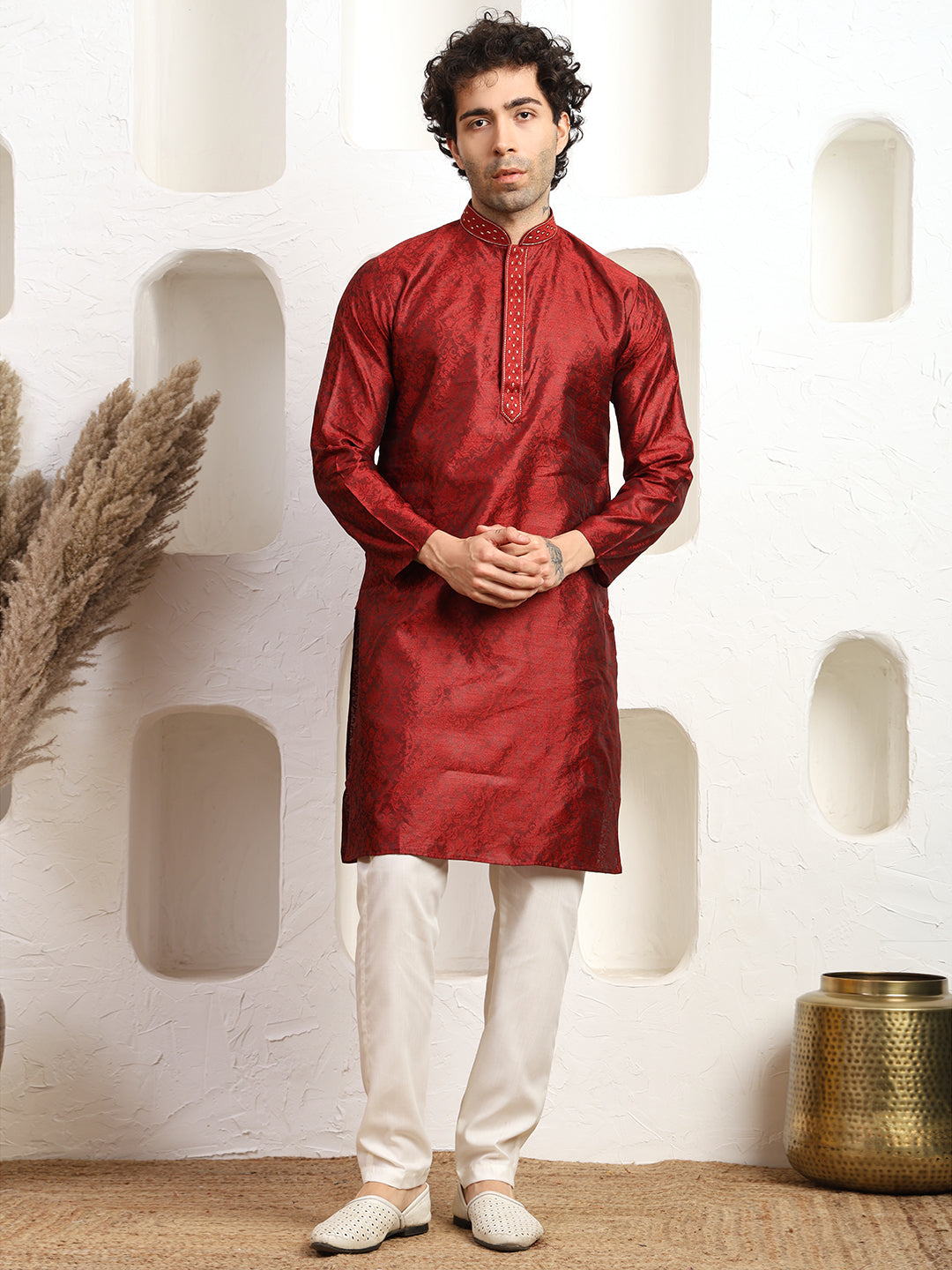 Jacquard Maroon Zari Work Silk Kurta Pajama Set
