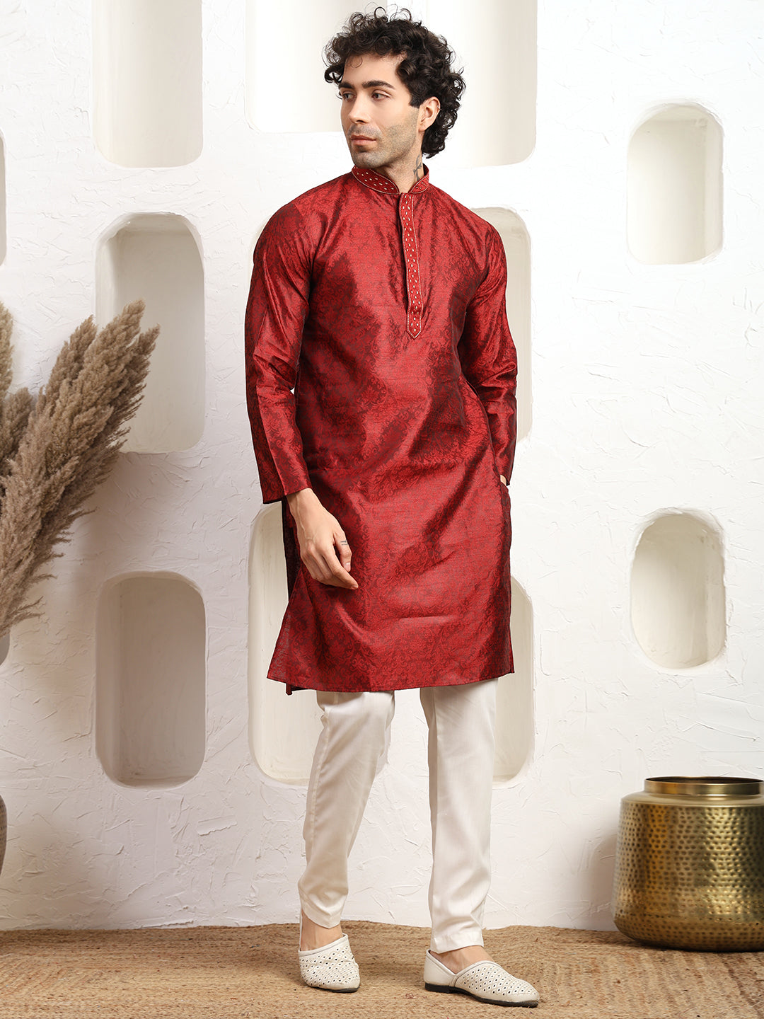 Jacquard Maroon Zari Work Silk Kurta Pajama Set