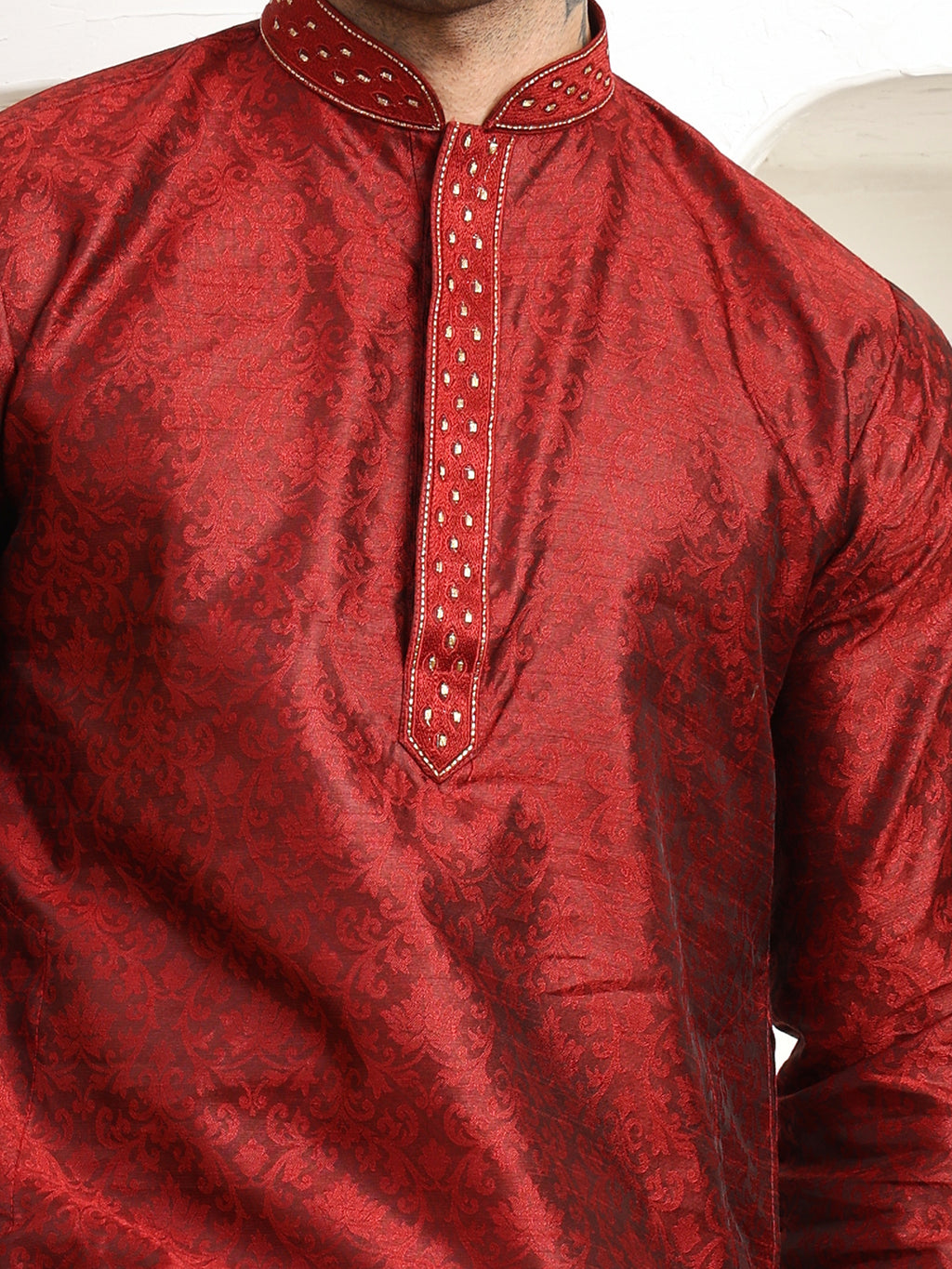 Jacquard Maroon Zari Work Silk Kurta Pajama Set