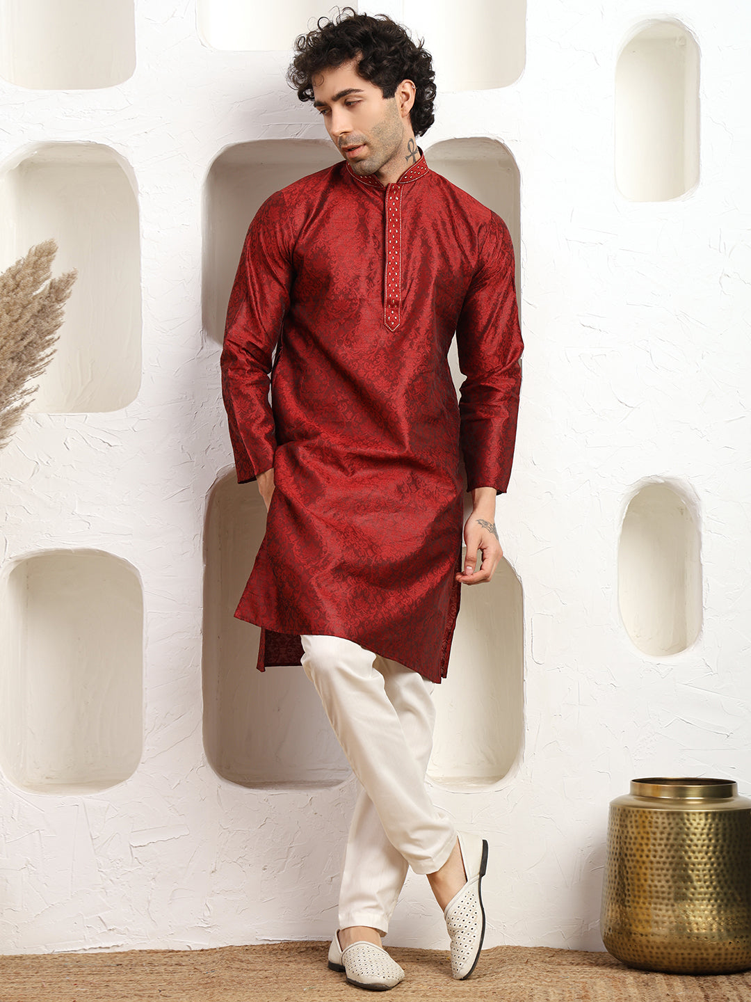 Jacquard Maroon Zari Work Silk Kurta Pajama Set