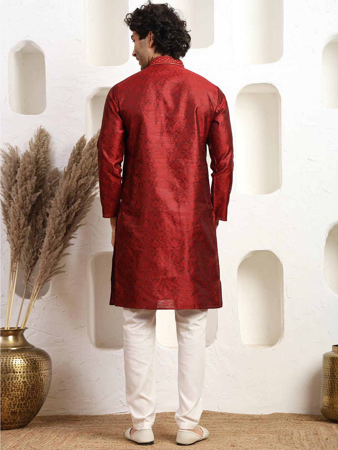 Jacquard Maroon Zari Work Silk Kurta Pajama Set
