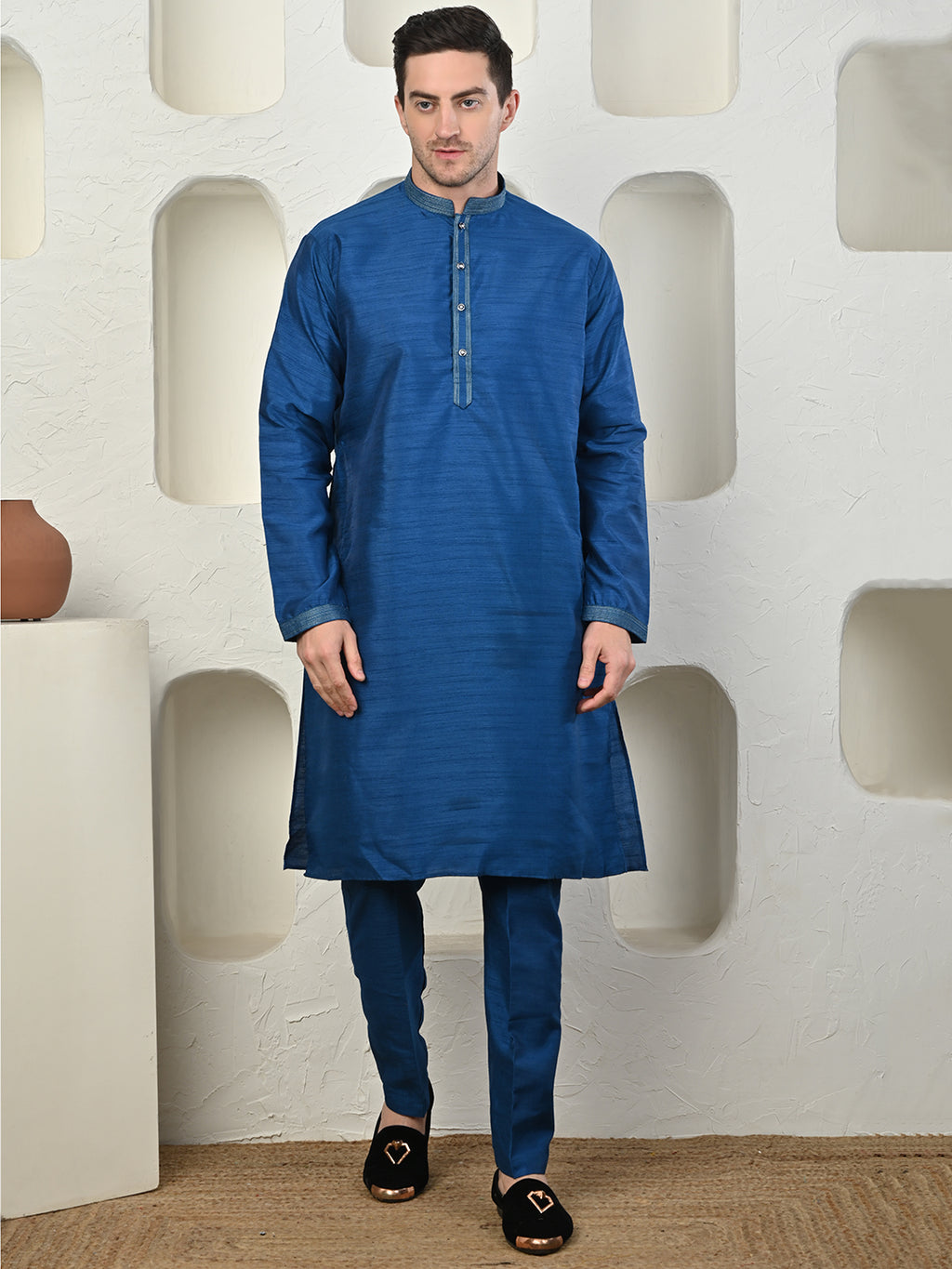 Teal Blue Dupion Silk Kurta Pajama for Men