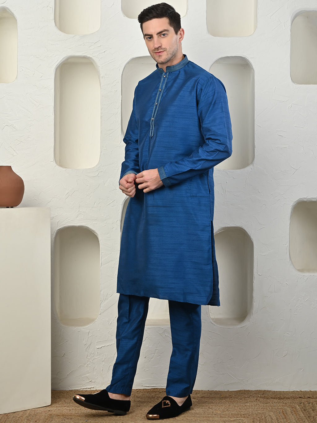 Teal Blue Dupion Silk Kurta Pajama for Men