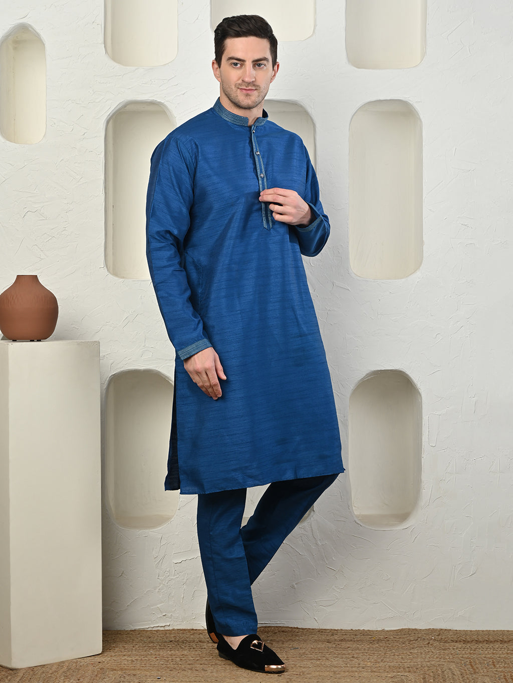 Teal Blue Dupion Silk Kurta Pajama for Men