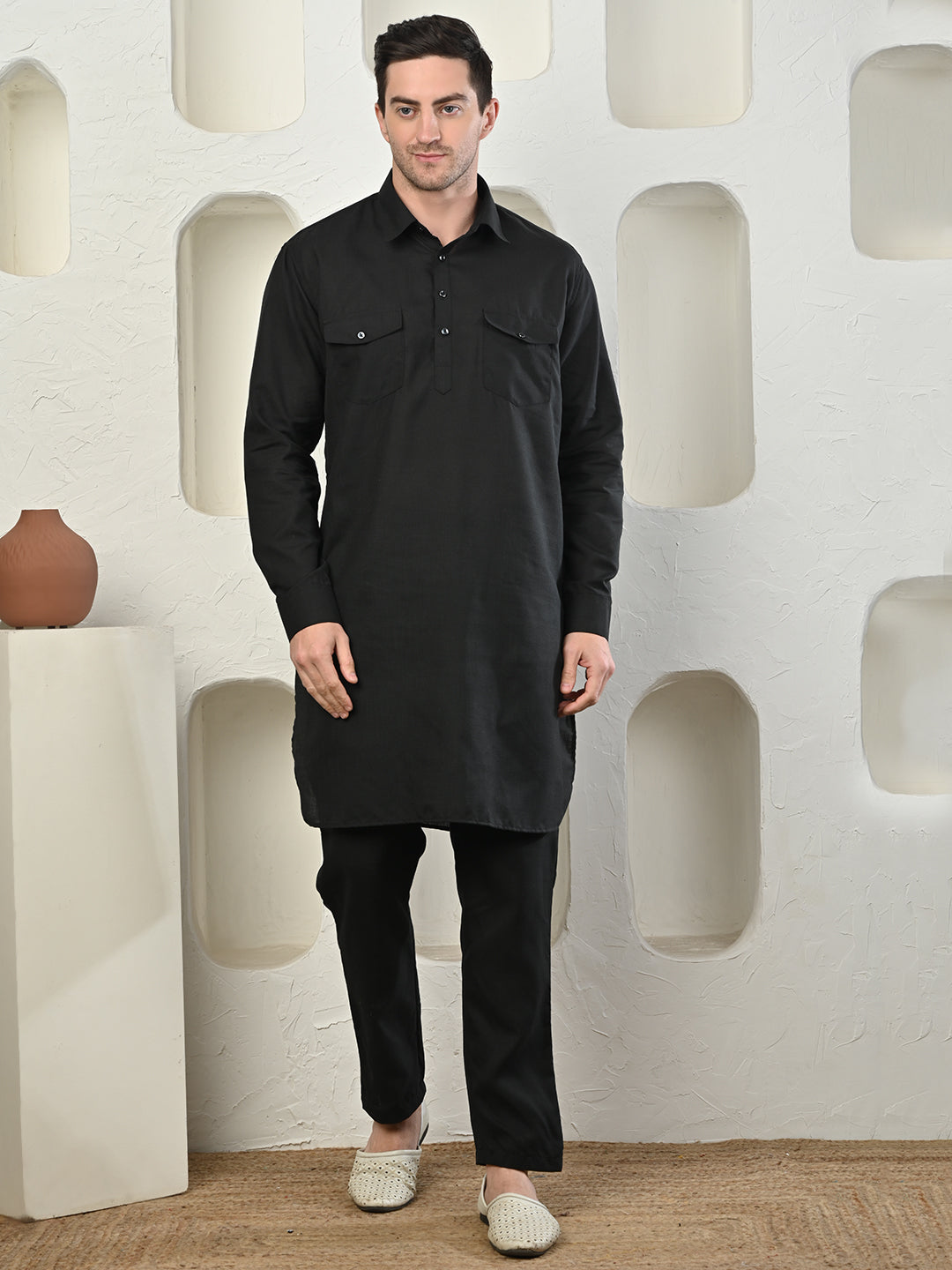 Black Cotton Blend Pathani Kurta Pajama Set
