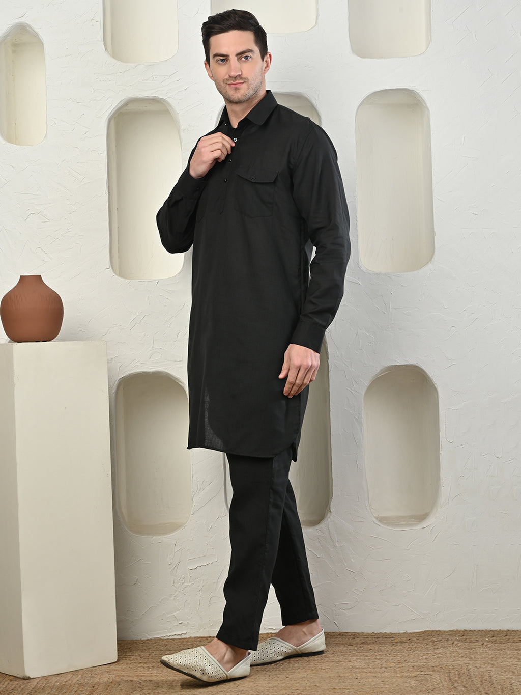 Black Cotton Blend Pathani Kurta Pajama Set