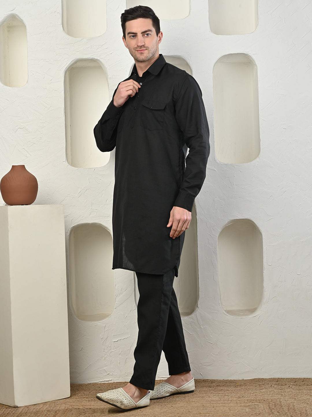 Black Cotton Blend Pathani Kurta Pajama Set