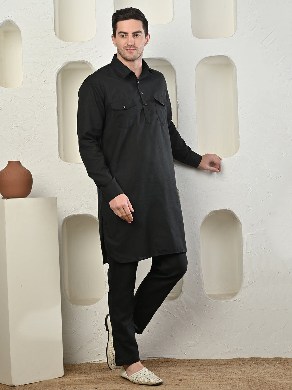 Black Cotton Blend Pathani Kurta Pajama Set