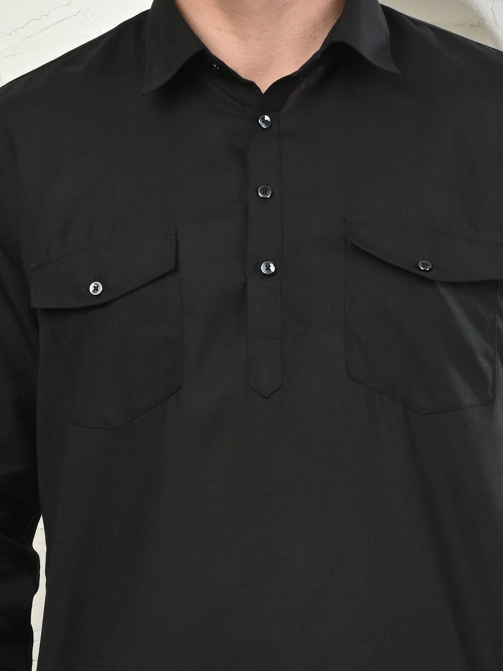 Black Cotton Blend Pathani Kurta Pajama Set