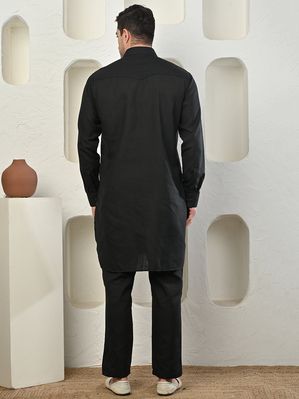 Black Cotton Blend Pathani Kurta Pajama Set