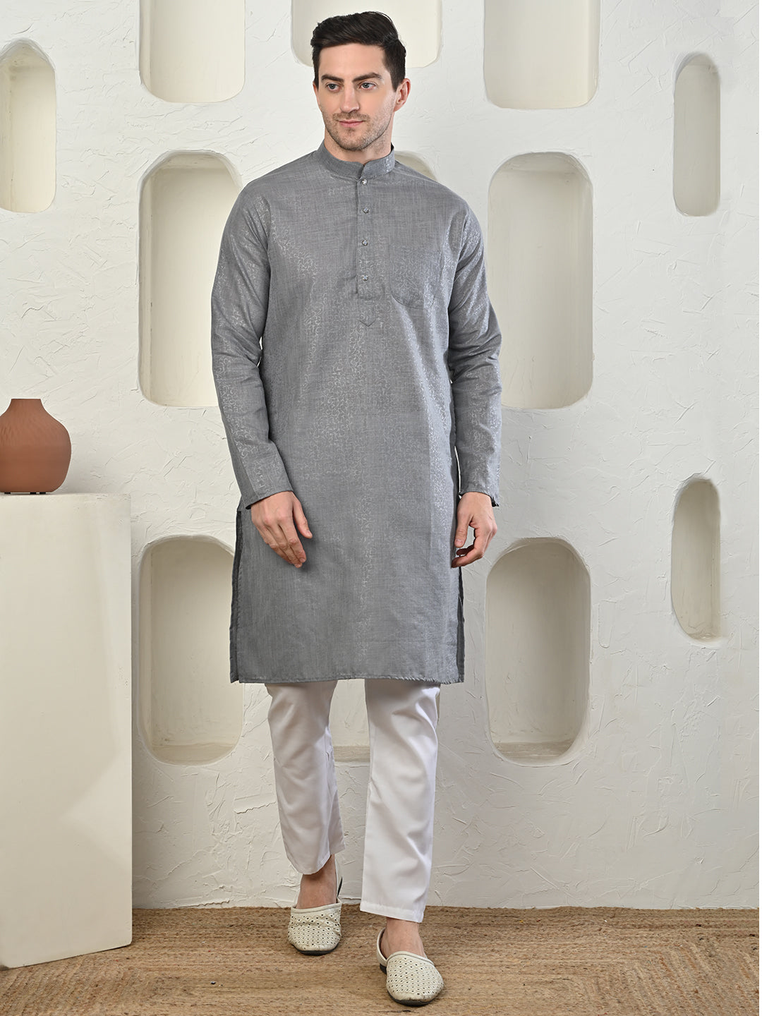 Emboss Classic Grey Textured Kurta with White Pajama Set Men's Ethnic