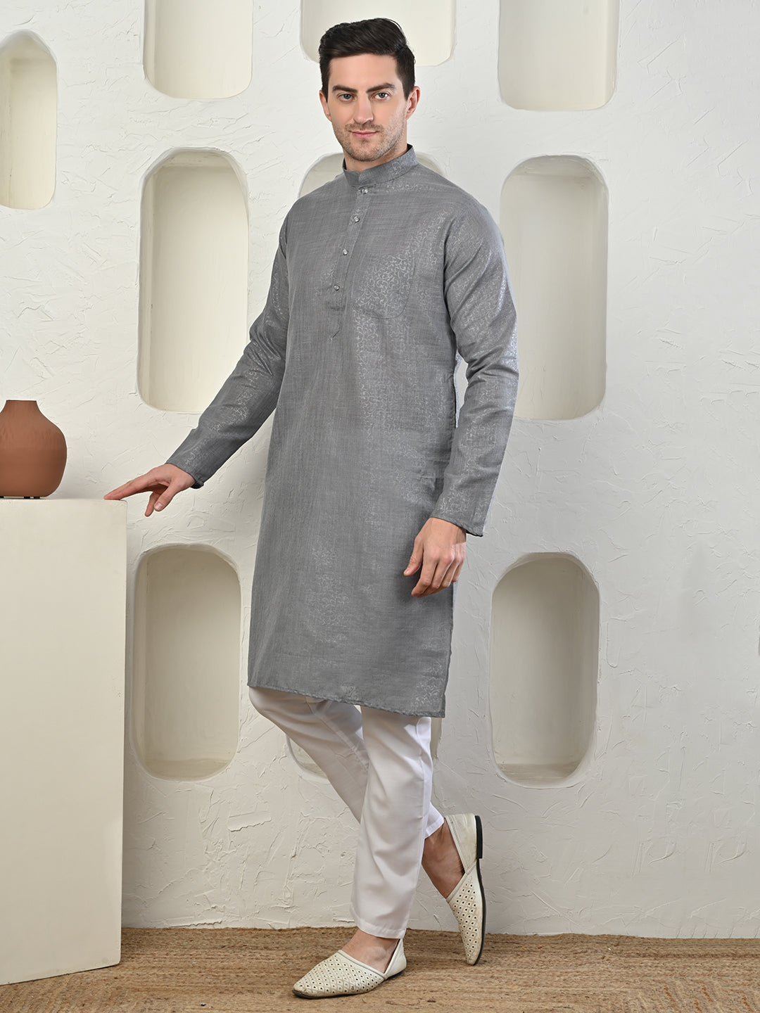 Emboss Classic Grey Textured Kurta with White Pajama Set Men's Ethnic
