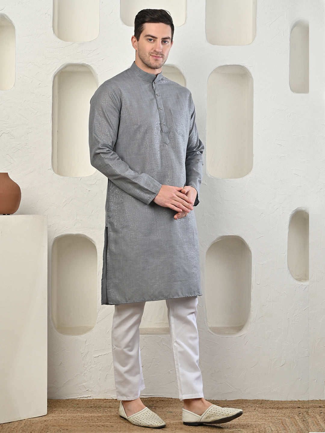 Emboss Classic Grey Textured Kurta with White Pajama Set Men's Ethnic