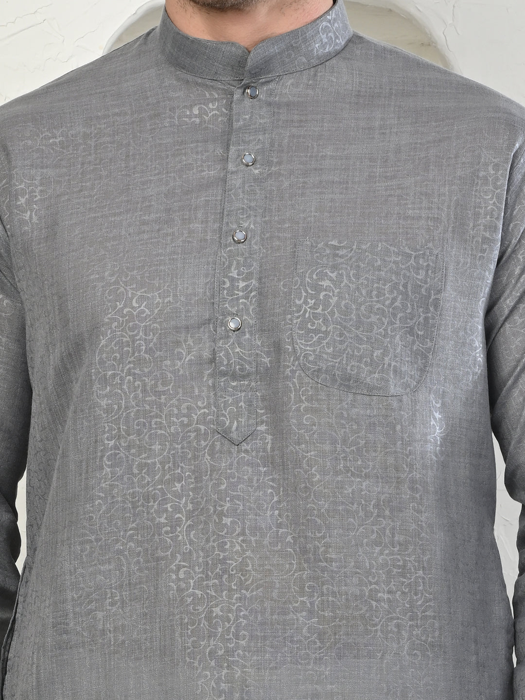 Emboss Classic Grey Textured Kurta with White Pajama Set Men's Ethnic