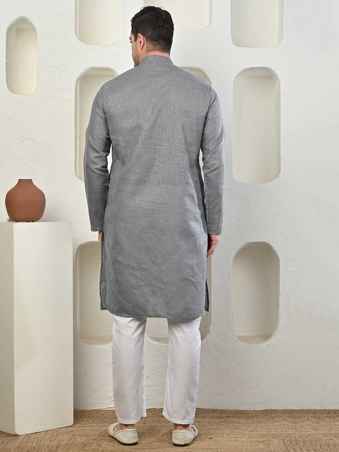 Emboss Classic Grey Textured Kurta with White Pajama Set Men's Ethnic