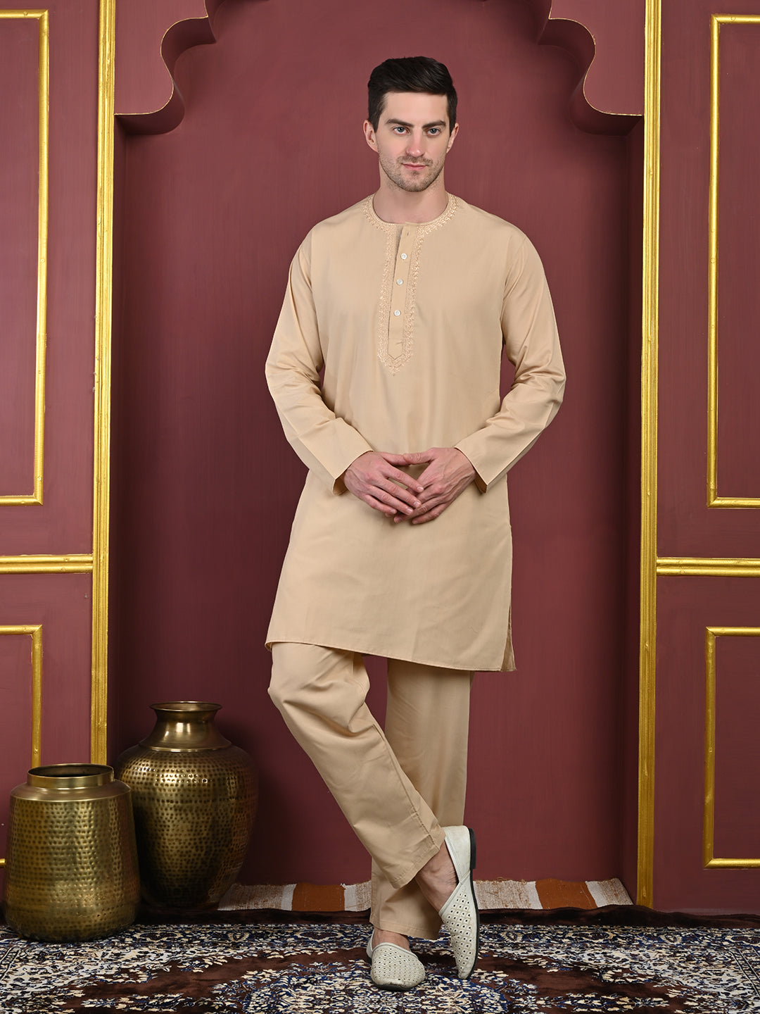 Sand Beige Men’s Terry Cotton Blend Kurta Pajama Set – Traditional Ethnic Wear