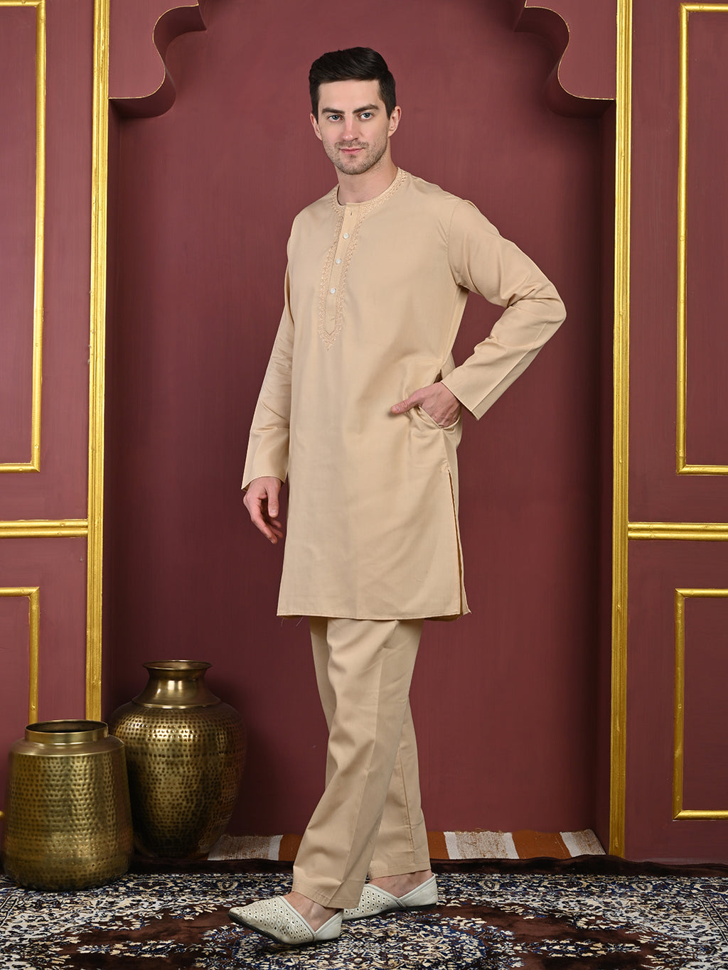 Sand Beige Men’s Terry Cotton Blend Kurta Pajama Set – Traditional Ethnic Wear
