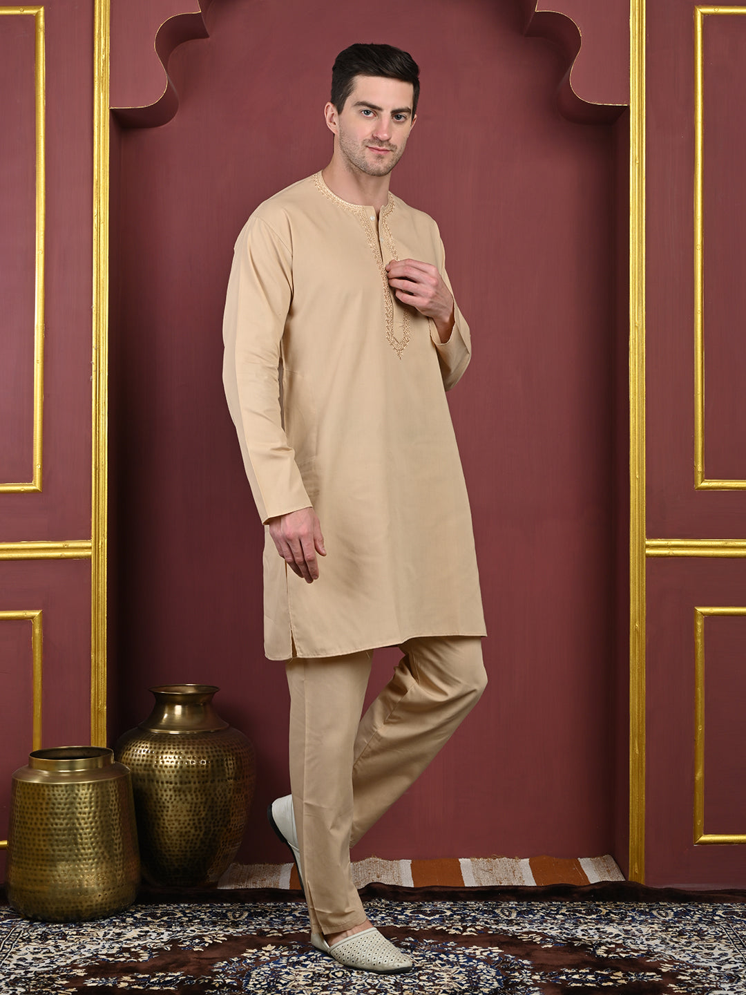 Sand Beige Men’s Terry Cotton Blend Kurta Pajama Set – Traditional Ethnic Wear