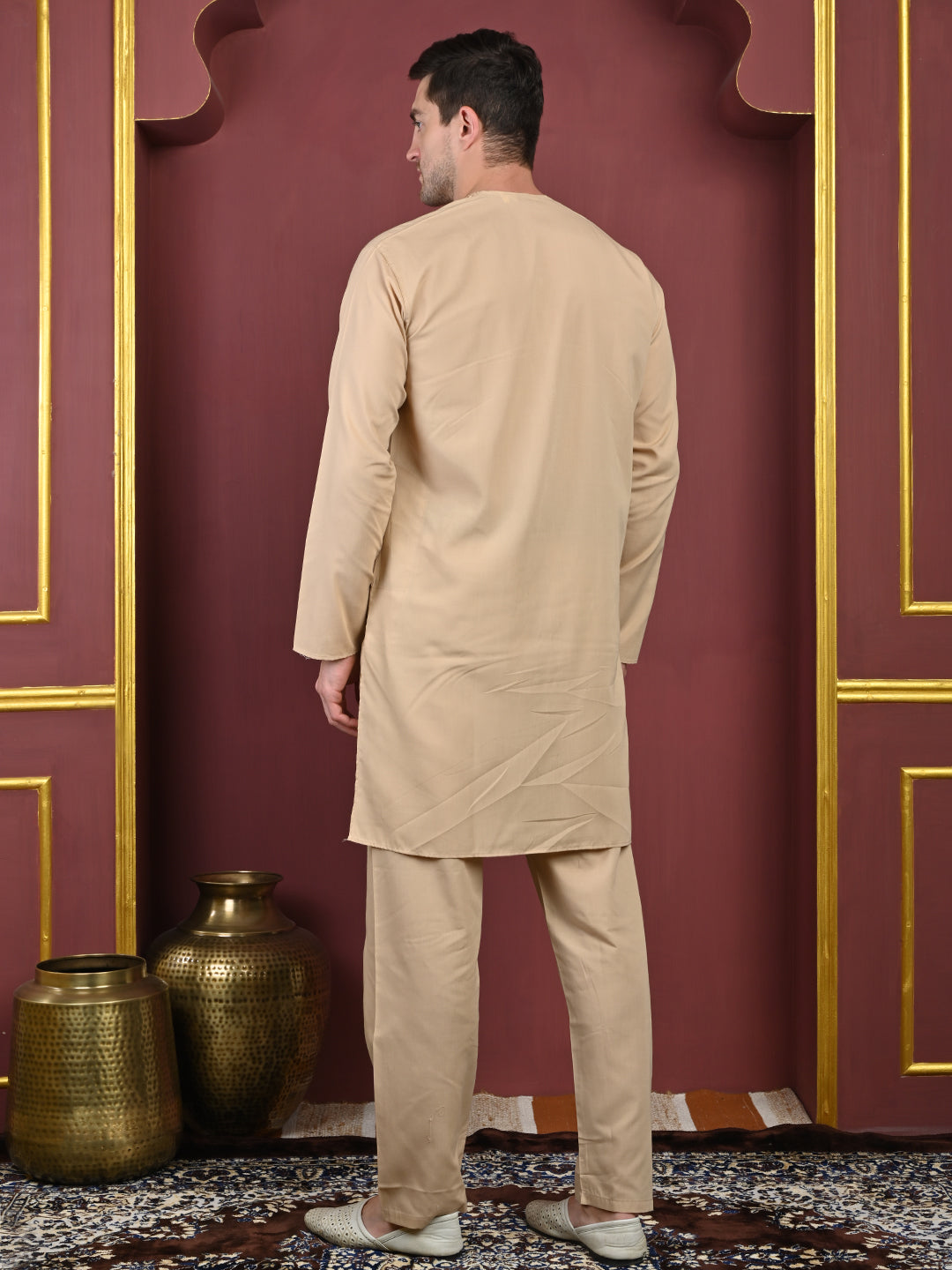 Sand Beige Men’s Terry Cotton Blend Kurta Pajama Set – Traditional Ethnic Wear