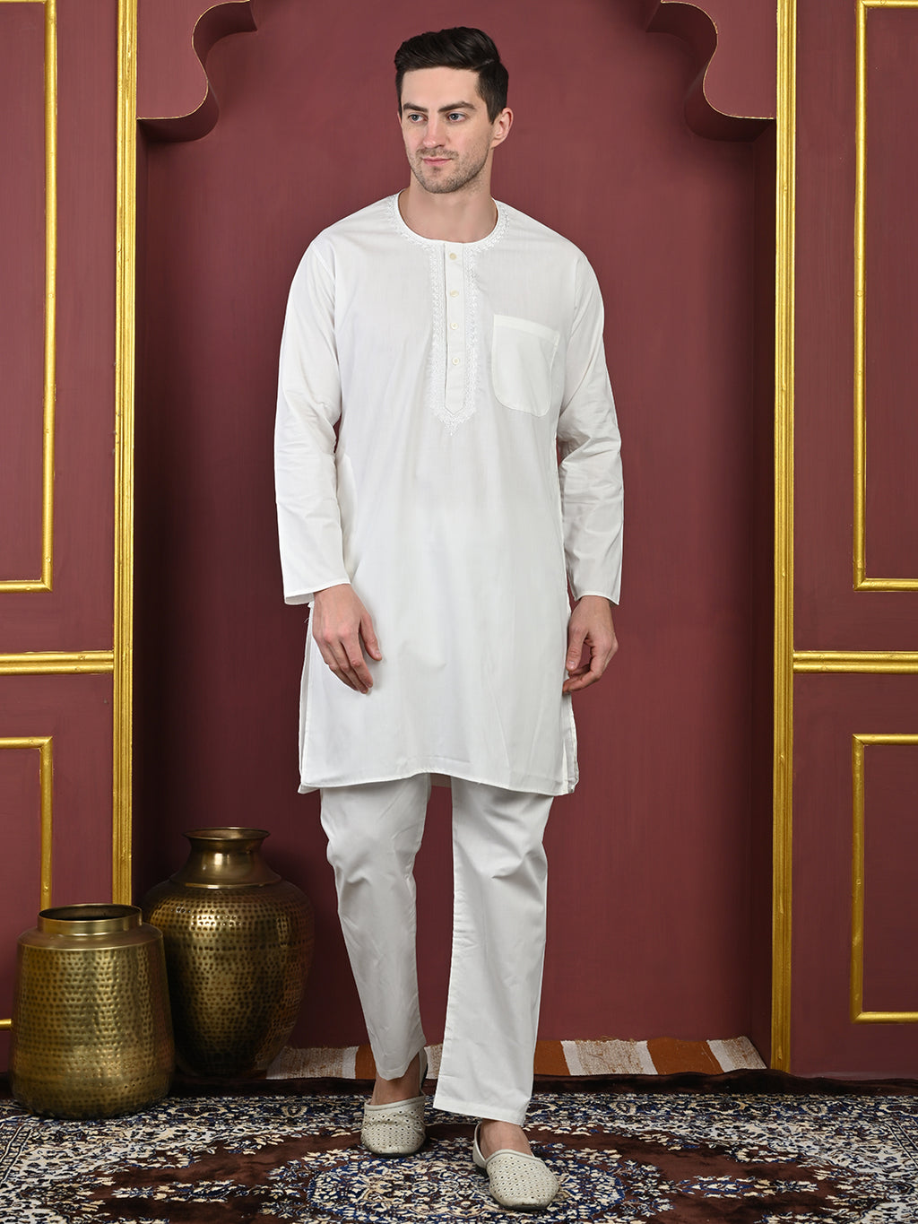 White Men’s Terry Cotton Blend Kurta Pajama Set – Traditional Ethnic Wear