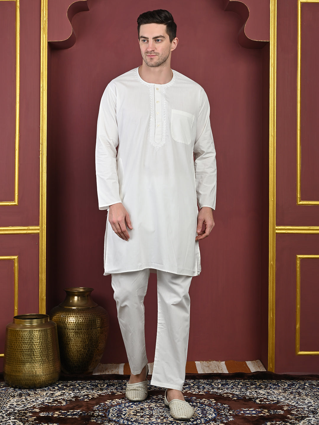 White Men’s Terry Cotton Blend Kurta Pajama Set – Traditional Ethnic Wear