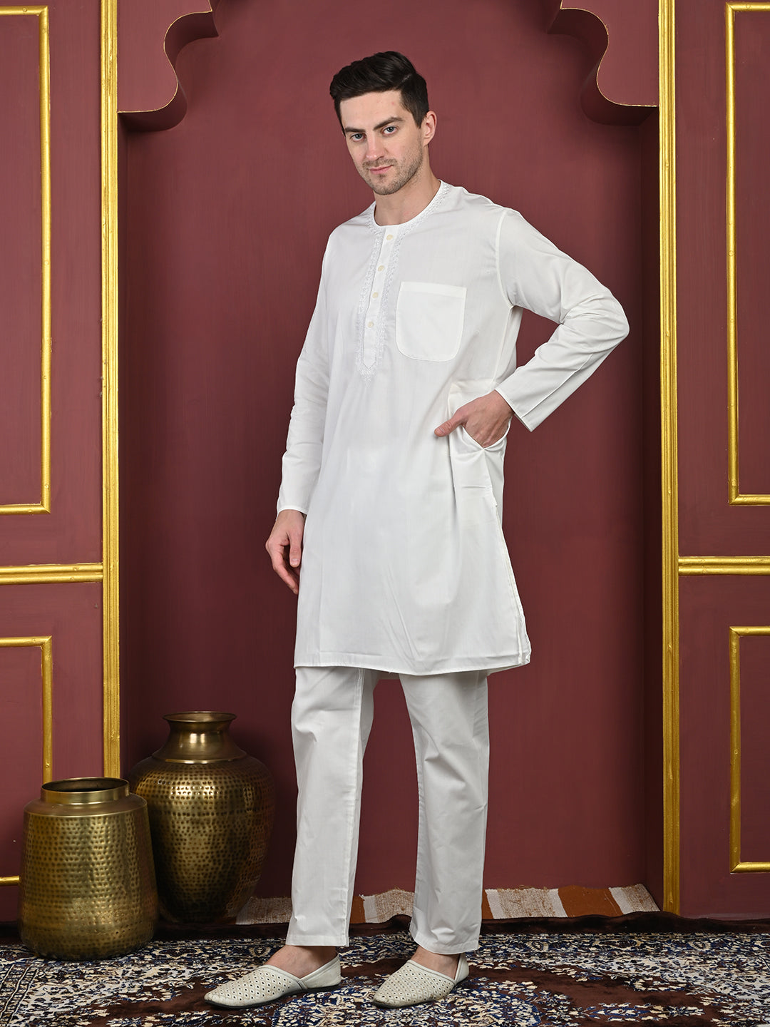 White Men’s Terry Cotton Blend Kurta Pajama Set – Traditional Ethnic Wear