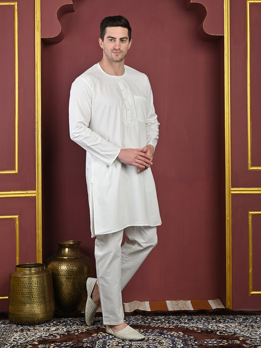 White Men’s Terry Cotton Blend Kurta Pajama Set – Traditional Ethnic Wear