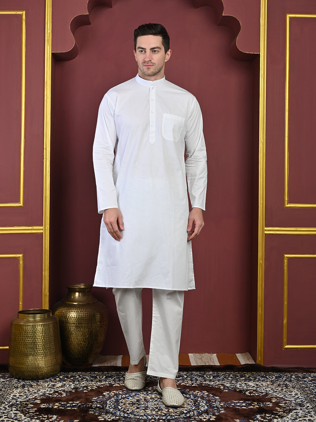 White Men's Plain Kurta Pajama Set –100% Cotton Traditional Ethnic Wear