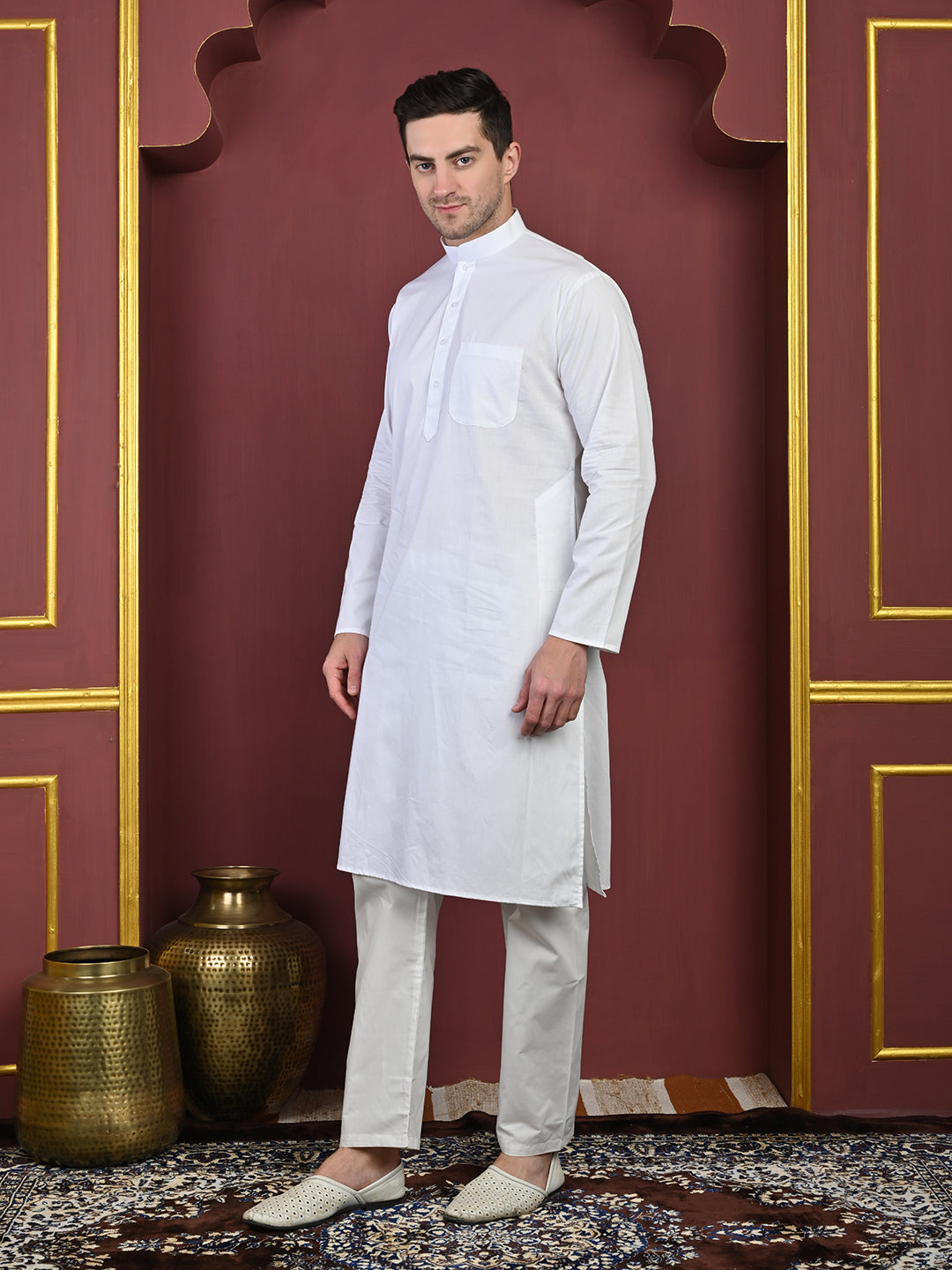 White Men's Plain Kurta Pajama Set –100% Cotton Traditional Ethnic Wear