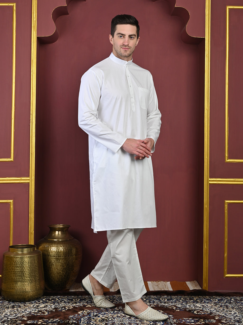 White Men's Plain Kurta Pajama Set –100% Cotton Traditional Ethnic Wear