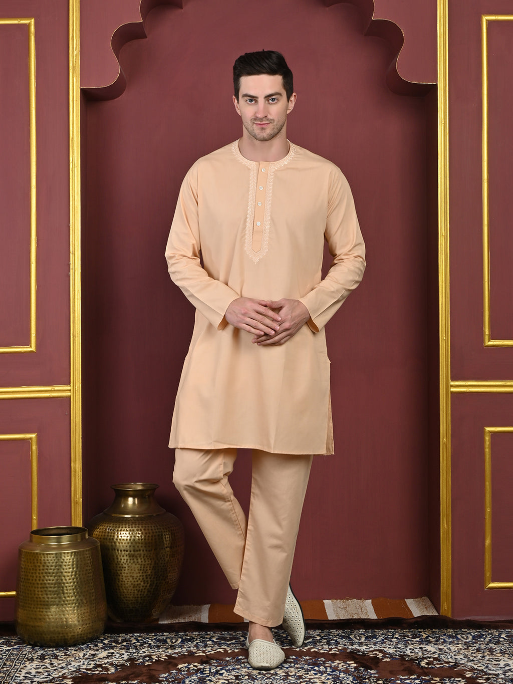 Peach Men’s Terry Cotton Blend Kurta Pajama Set – Traditional Ethnic Wear