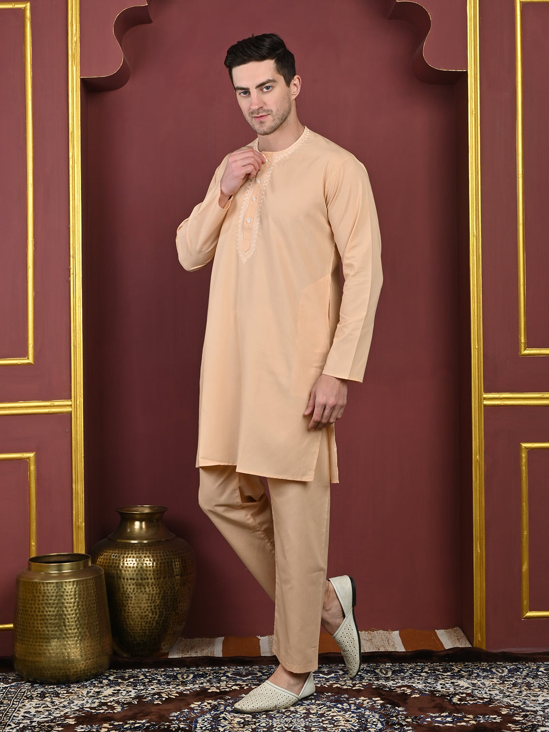 Peach Men’s Terry Cotton Blend Kurta Pajama Set – Traditional Ethnic Wear