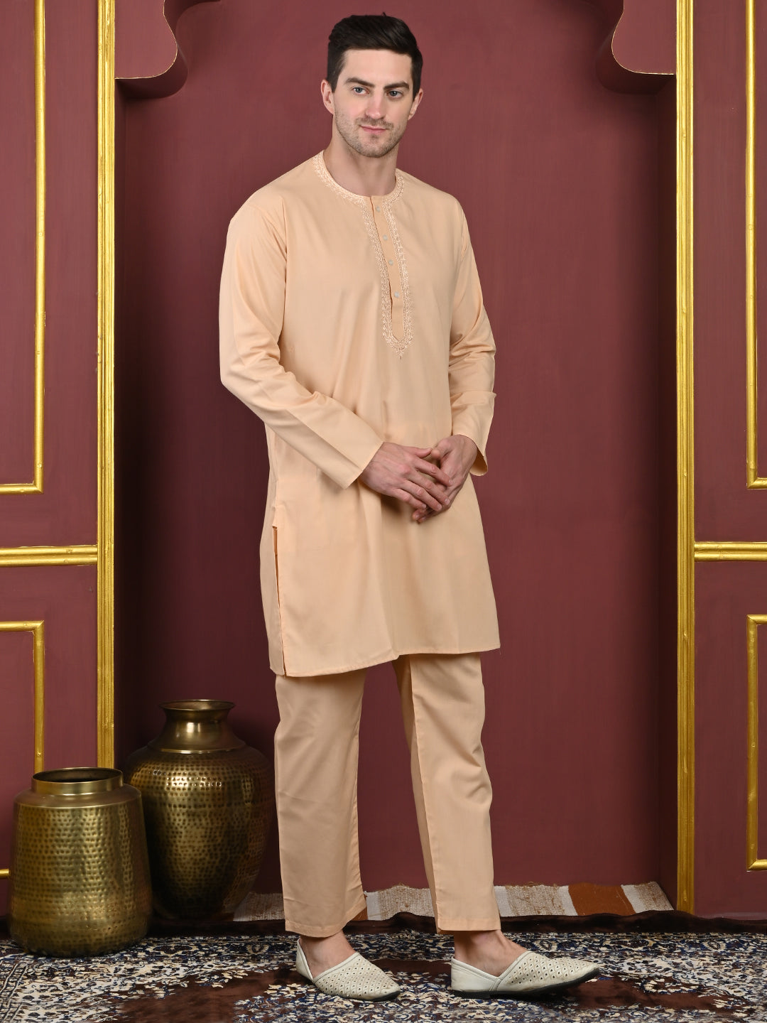 Peach Men’s Terry Cotton Blend Kurta Pajama Set – Traditional Ethnic Wear