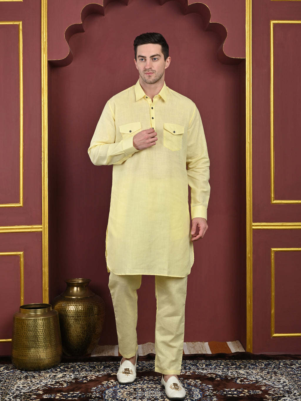 Lemon Cotton Blend Pathani Kurta Pant Set