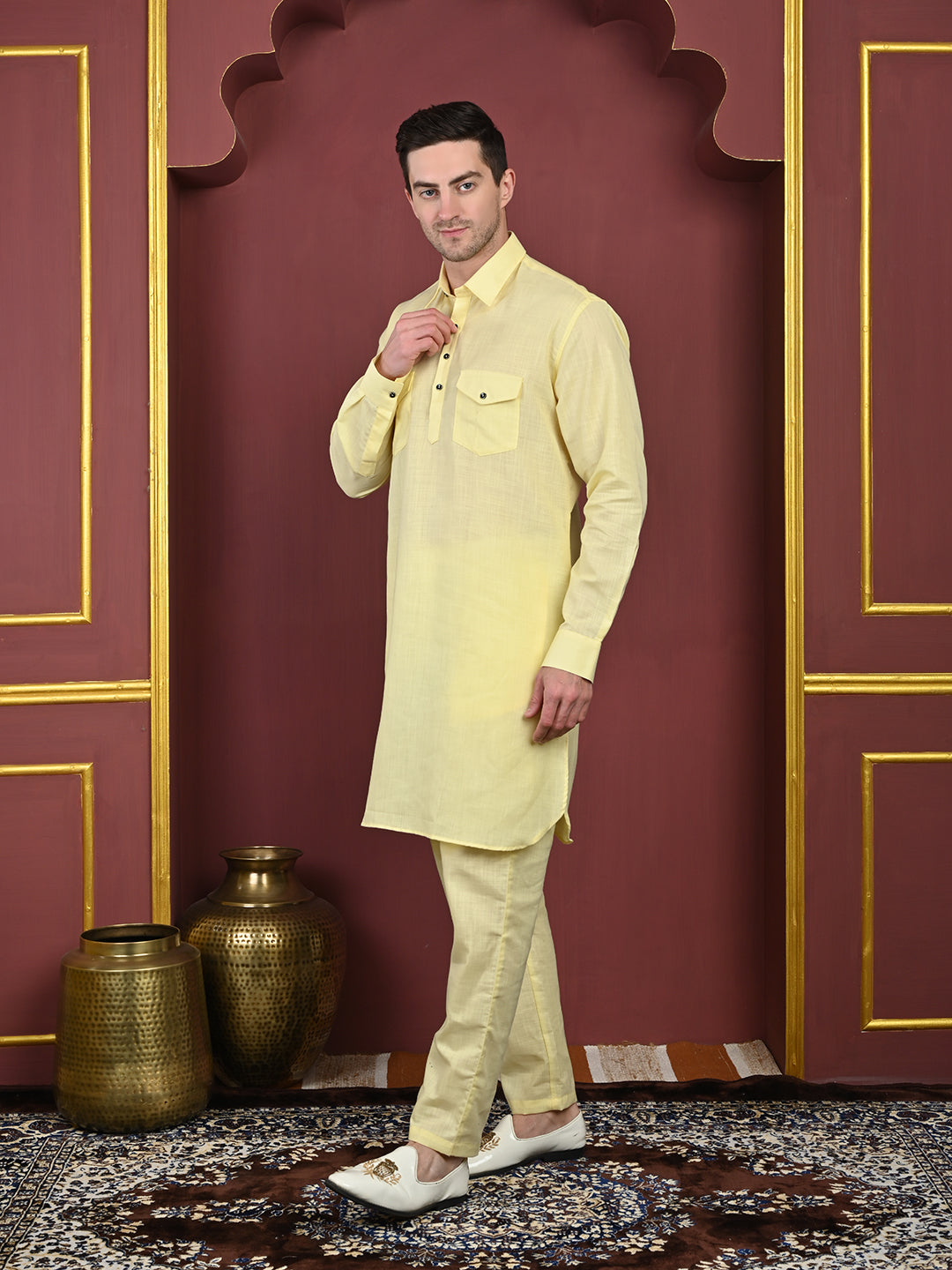 Lemon Cotton Blend Pathani Kurta Pant Set