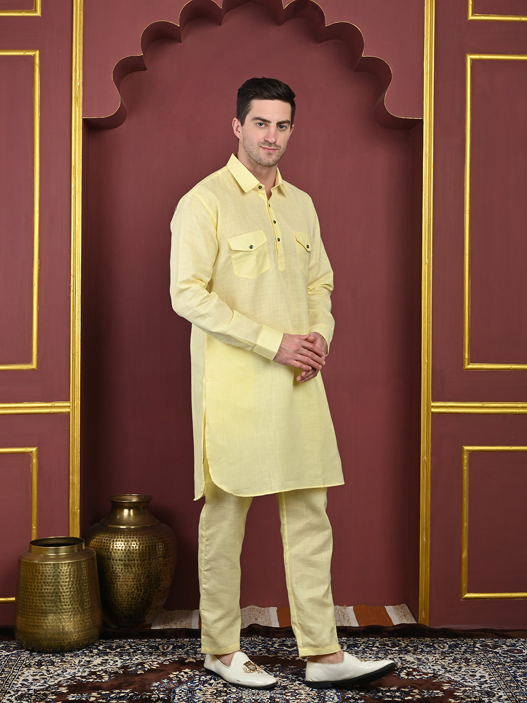 Lemon Cotton Blend Pathani Kurta Pant Set
