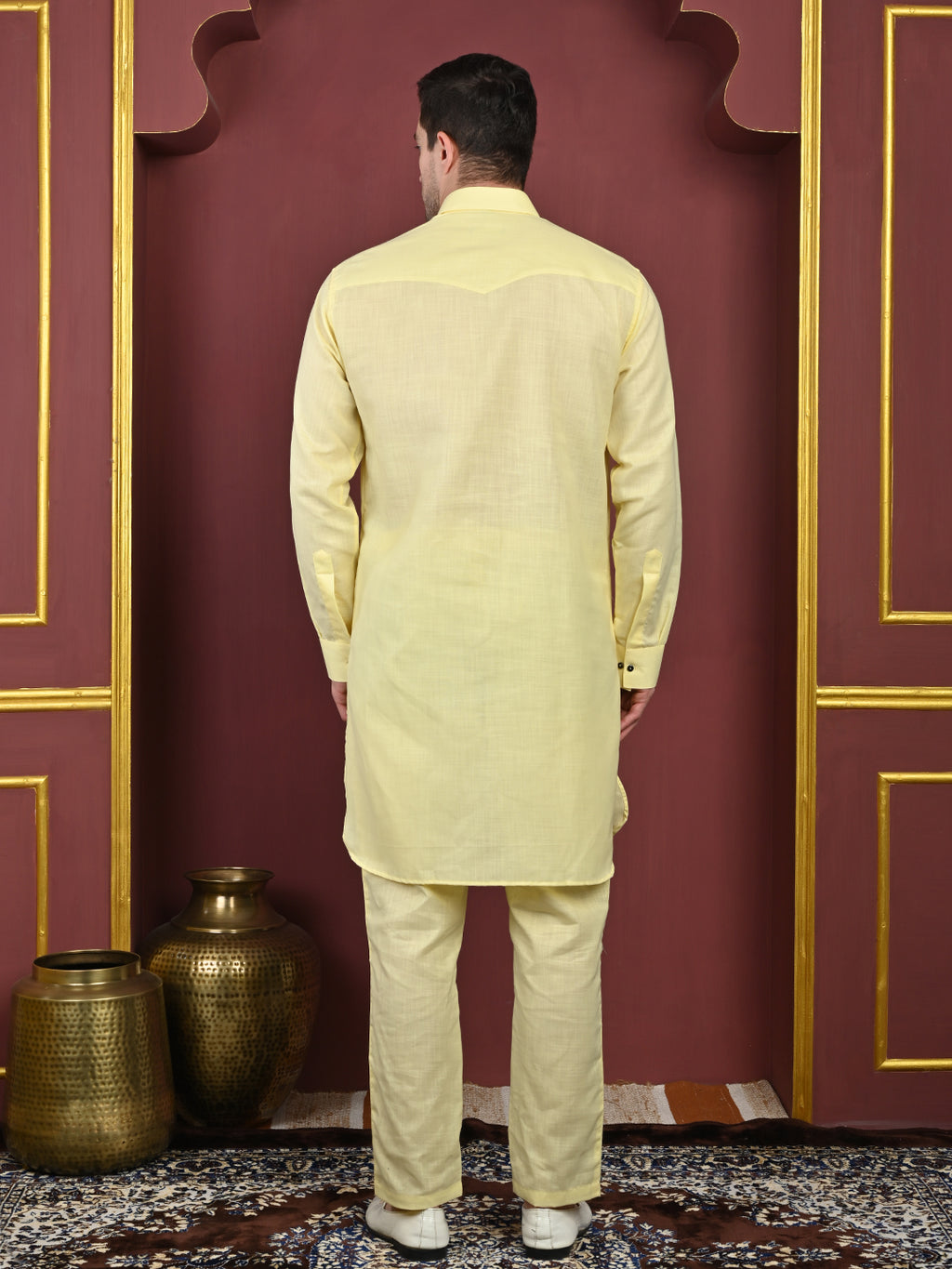 Lemon Cotton Blend Pathani Kurta Pant Set