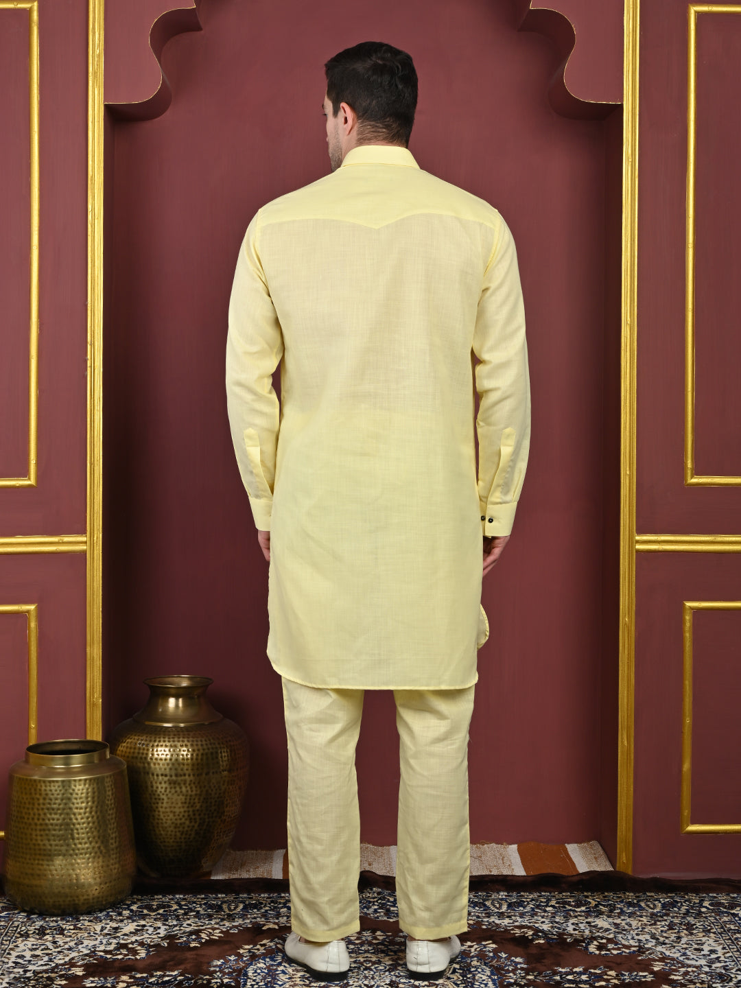 Lemon Cotton Blend Pathani Kurta Pant Set