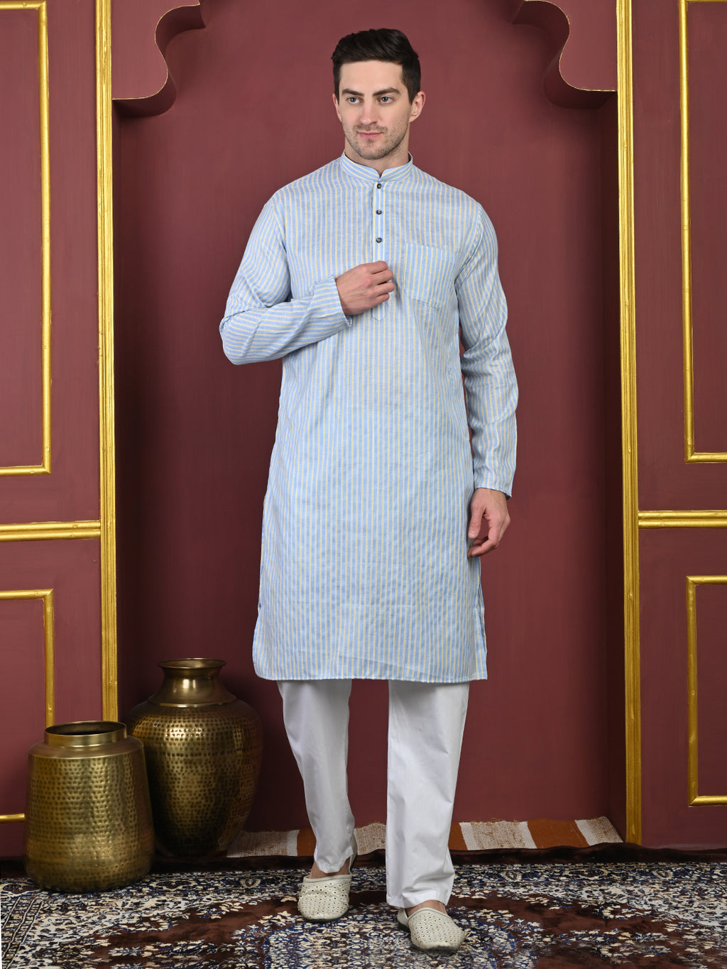 Blue & Yellow Striped Cotton Blend Kurta with White Pajama – Classic Ethnic Wear Set