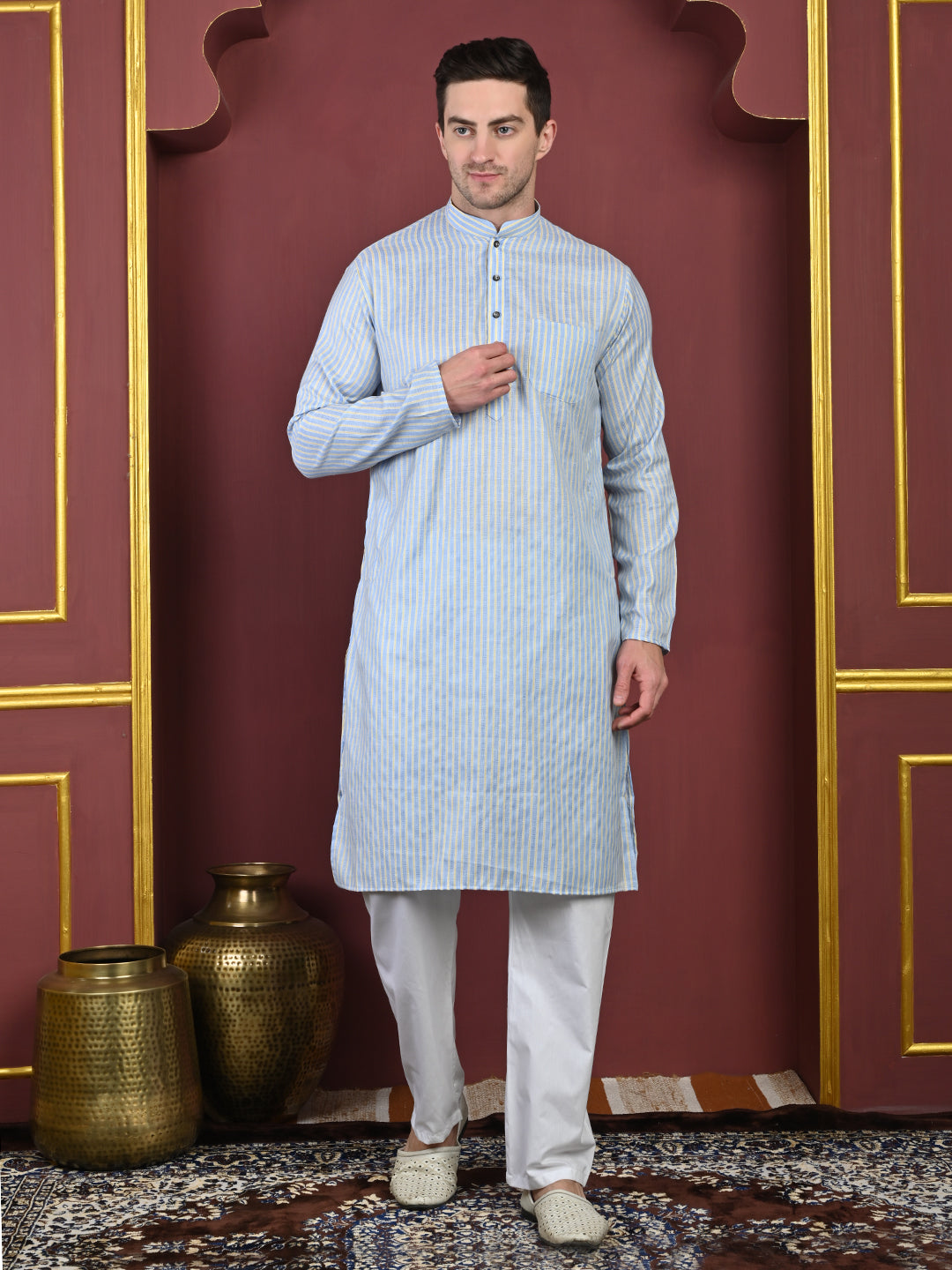 Blue & Yellow Striped Cotton Blend Kurta with White Pajama – Classic Ethnic Wear Set