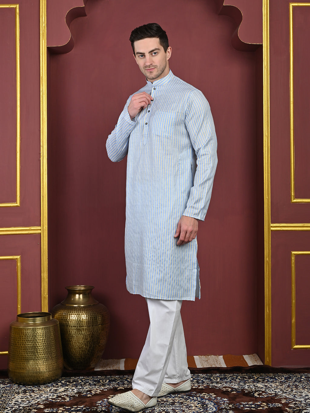 Blue & Yellow Striped Cotton Blend Kurta with White Pajama – Classic Ethnic Wear Set