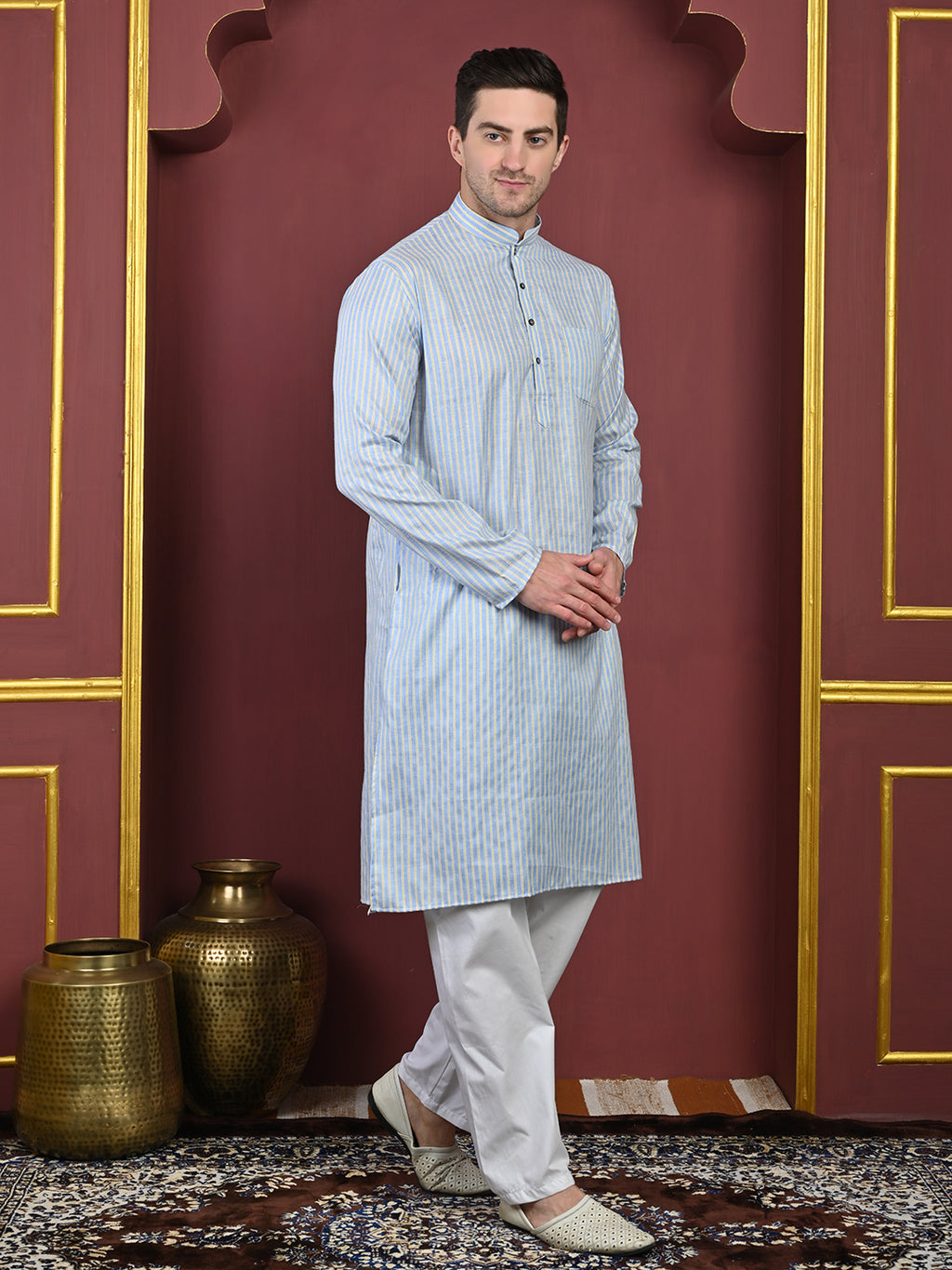 Blue & Yellow Striped Cotton Blend Kurta with White Pajama – Classic Ethnic Wear Set