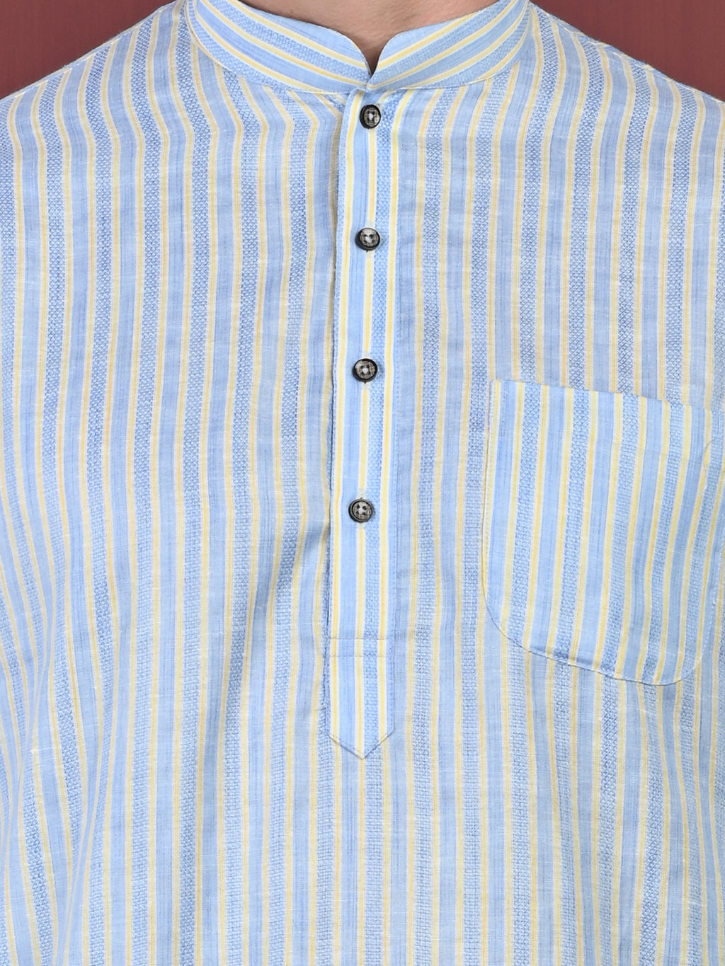 Blue & Yellow Striped Cotton Blend Kurta with White Pajama – Classic Ethnic Wear Set